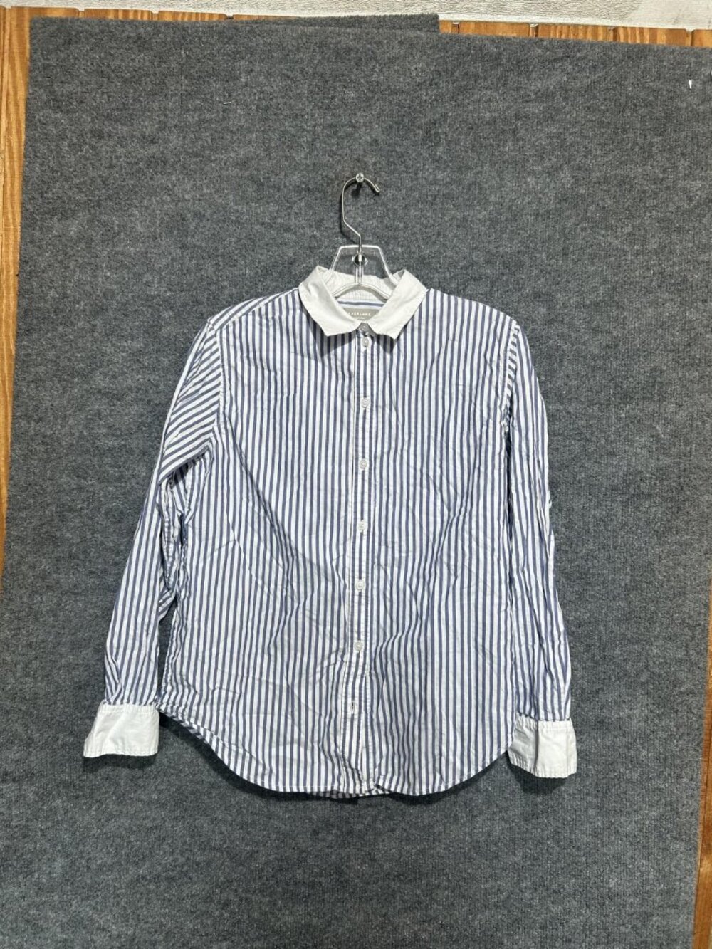 Everlane Shirt Womens 0 Blue Stripe Contrast Collar Button Front Long Sleeve Top